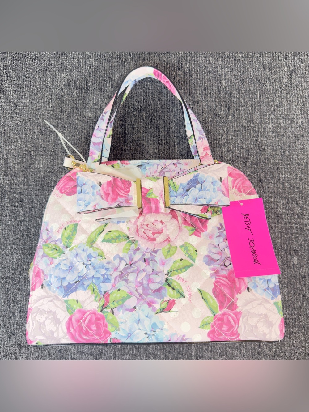 Betsey Johnson Pink Floral Dome Satchel Bag with Bow Accent - Picture 2 of 13